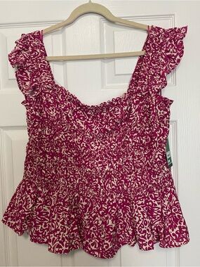Pink Print Ruffle-Sleeve Smocked Top new w/tags